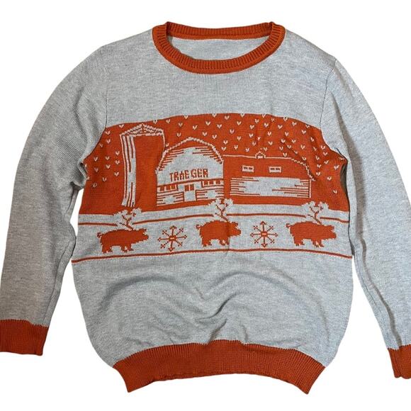 Traeger BBQ Novelty Sweater Mens XXL Orange Grey Farm Barn Pigs Grill Gift Idea - Picture 1 of 8